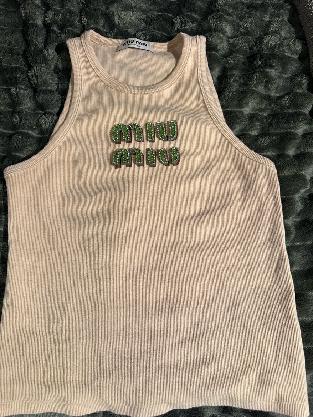 Miu Miu Cream Ribbed Tank with Green Embellished Logo